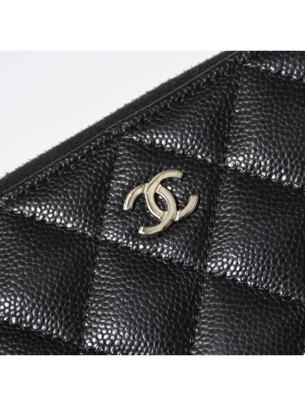 Chanel Quilted Compact Wallet Coin Purse Caviar Leather Black Gold